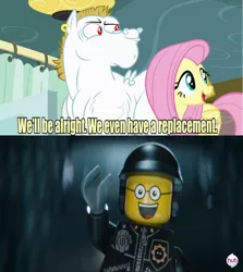 Size: 640x717 | Tagged: safe, derpibooru import, bulk biceps, rainbow falls, exploitable meme, good cop bad cop, hub logo, lego, meme, replacement meme, the lego movie