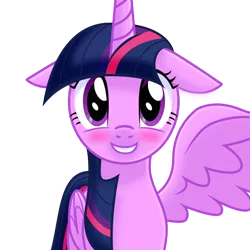 Size: 600x600 | Tagged: safe, artist:fragnostic, derpibooru import, twilight sparkle, twilight sparkle (alicorn), alicorn, pony, blushing, female, floppy ears, grin, looking at you, mare, one wing out, smiling, solo