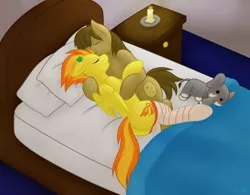 Size: 1280x996 | Tagged: safe, artist:daf, derpibooru import, spitfire, oc, oc:chocolate chips, earth pony, pegasus, pony, bed, candle, canon x oc, clothes, clover, cuddling, cute, eyes closed, female, firechips, floppy ears, four leaf clover, freckles, love, male, mare, plushie, shipping, side, sleeping, smiling, snuggling, socks, stallion, straight, striped socks, thigh highs
