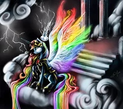 Size: 948x842 | Tagged: safe, artist:silfoe, derpibooru import, rainbow dash, alicorn, pony, alicornified, armor, badass, cloud, cloudsdale, cloudy, colored wings, element of loyalty, epic, glow, glowing eyes, lightning, multicolored wings, race swap, rainbow wings, rainbowcorn, raised hoof, sitting, solo, spear, spread wings