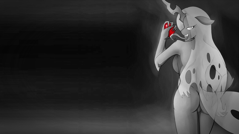 Size: 1280x720 | Tagged: anthro, artist:grumbeerkopp, back, breasts, bugbutt, derpibooru import, female, grayscale, heart, licking, monochrome, neo noir, partial color, queen chrysalis, questionable, sideboob, solo, solo female