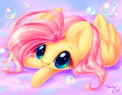 Size: 2230x1747 | Tagged: artist:katputze, bubble, colored eyelashes, cute, derpibooru import, eyelashes, fluffy, fluttershy, looking at you, no nose, prone, safe, shyabetes, smiling, solo, weapons-grade cute