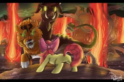 Size: 1024x677 | Tagged: safe, artist:amberswirl, banned from derpibooru, deleted from derpibooru, derpibooru import, apple bloom, chimera sisters, chimera, earth pony, pony, somepony to watch over me, antagonist, behind, facing away, female, filly, fire, fire swamp, flame geyser, image, multiple heads, png, scene interpretation, three heads
