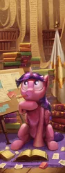 Size: 1320x3508 | Tagged: safe, artist:darthagnan, derpibooru import, twilight sparkle, twilight sparkle (alicorn), alicorn, pony, book, bookmark, bulletin board, female, flag, interior, library, mare, messy, mouth hold, notes, paper, pencil, pile, solo, studying, to-do list