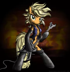 Size: 965x1000 | Tagged: safe, artist:flutterthrash, derpibooru import, applejack, pony, somepony to watch over me, alternate hairstyle, b.c. rich, bipedal, clothes, fire, fireproof boots, guitar, metal, solo, vest