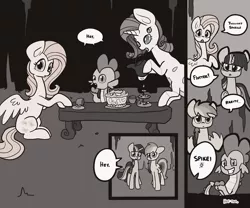 Size: 1280x1067 | Tagged: apple, artist:otterlore, cake, cave, comic, derpibooru import, drider, fluttershy, grayscale, monochrome, monster pony, original species, rainbow dash, rarity, safe, spider, spiderpony, spiderponyrarity, spike, table, tea, tea party, tumblr, twilight sparkle