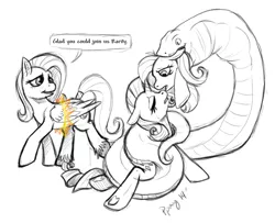 Size: 828x673 | Tagged: safe, artist:hellonurse, derpibooru import, fluttershy, rarity, oc, changeling, pony, snake, unicorn, black and white, crying, eaten alive, female, fetish, flutterprey, grayscale, head first, hooves, imminent vore, implied vore, mare, monochrome, neo noir, partial color, peril, predation, sad, teary eyes, underhoof, vore