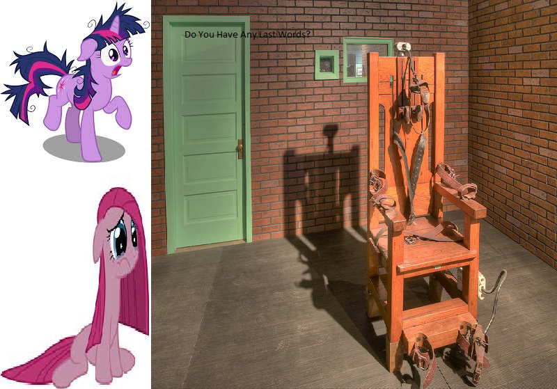 Size: 800x559 | Tagged: derpibooru import, electric chair, execution, jail, pinkamena diane pie, pinkie pie, prison, punishment, safe, twilight snapple, twilight sparkle