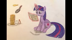 Size: 1191x670 | Tagged: safe, artist:thefriendlyelephant, derpibooru import, twilight sparkle, twilight sparkle (alicorn), alicorn, pony, book, magic, milk, pan, pancakes, sitting, solo, syrup, traditional art