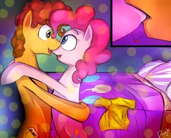Size: 1100x890 | Tagged: safe, artist:dragk, derpibooru import, cheese sandwich, pinkie pie, pony, bed, bipedal, cheesepie, close-up, clothes, eye contact, female, happy, heart, hug, kissing, lips, male, shipping, shirt, smiling, straight