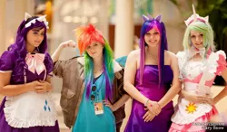 Size: 2048x1200 | Tagged: artist:jennabrowne, artist:skywardelf, cosplay, derpibooru import, human, irl, irl human, photo, princess celestia, rainbow dash, rarity, safe, twilight sparkle