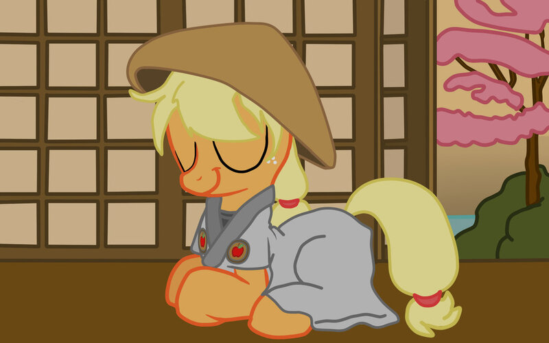 Size: 1024x640 | Tagged: applejack, artist:gregeyman555, clothes, conical hat, crossover, derpibooru import, eyes closed, hat, prone, safe, samurai applejack, samurai jack, solo