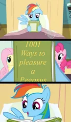 Size: 581x1000 | Tagged: bed, comic, derpibooru import, edit, edited screencap, exploitable meme, fluttershy, hospital bed, meme, pinkie pie, rainbow dash, reading rainbow, read it and weep, screencap, screencap comic, suggestive