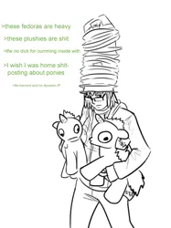 Size: 500x667 | Tagged: 4chan, derpibooru import, exploitable meme, fedora shaming, female to male, greentext, hat, human, iwtcird, meme, /mlp/, mlp tan, not a fedora, plushie, safe, solo, text, tfw, tower of hats, trilby, vulgar
