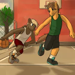 Size: 1280x1280 | Tagged: anthro, artist:fuzebox, basketball, basketball court, clothes, derpibooru import, dumbbell, hoop, hoops, plantigrade anthro, safe, shirt, shoes, shorts, sneakers