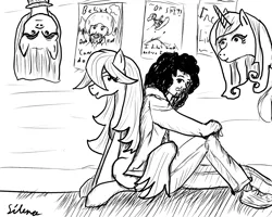 Size: 1280x1024 | Tagged: artist:silence, back to back, derpibooru import, fleur-de-lis, group, maud pie, meme, monochrome, oc, oc:mel, safe, sitting, tulpa