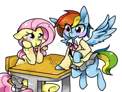 Size: 2000x1500 | Tagged: safe, artist:chadzuke kariudo, derpibooru import, fluttershy, rainbow dash, blushing, bow, chair, clothes, desk, female, flutterdash, lesbian, miniskirt, pencil, pixiv, pleated skirt, school uniform, shipping, skirt