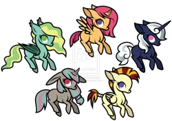 Size: 1280x899 | Tagged: safe, artist:ivyhaze, derpibooru import, oc, unofficial characters only, alicorn, bat pony, donkey, hybrid, pegasus, pony, unicorn, adoptable, alicorn oc, mohawk