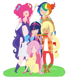 Size: 800x950 | Tagged: adventure time, applejack, artist:membrillita, artist:washable-red, artist:xmembrillita, clothes, derpibooru import, fluttershy, human, humanized, mane six, necktie, pinkie pie, rainbow dash, rarity, safe, scarf, spurs, style emulation, twilight sparkle