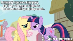 Size: 960x539 | Tagged: a bird in the hoof, caption, derpibooru import, duo, edit, edited screencap, fluttershy, image macro, lecture, meme, nose to nose, nose wrinkle, presea combatir, safe, screencap, tales of series, tales of symphonia, tara strong, twilight sparkle, voice actor joke