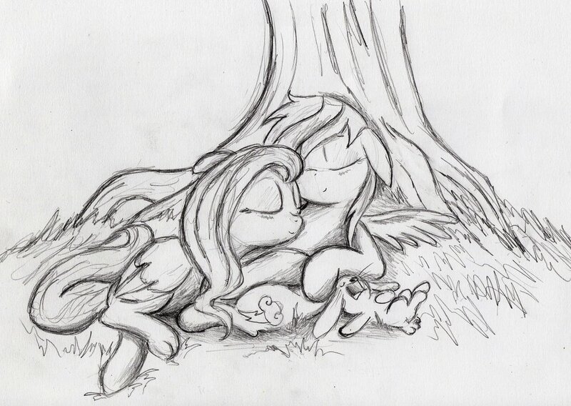 Size: 1024x727 | Tagged: safe, artist:dracojayproduct, artist:otto720, derpibooru import, angel bunny, fluttershy, rainbow dash, female, flutterdash, lesbian, monochrome, shipping, sleeping, traditional art, tree