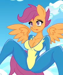 Size: 1280x1536 | Tagged: anthro, artist:deviousskull, breasts, busty scootaloo, cleavage, derpibooru import, female, older, scootaloo, solo, solo female, suggestive, wonderbolts uniform