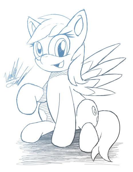 Size: 698x900 | Tagged: safe, artist:fuzon-s, derpibooru import, derpy hooves, pegasus, pony, female, gradient lineart, happy, mare, monochrome, sitting, smiling, solo, spread wings