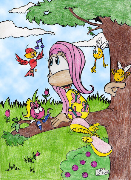 Size: 764x1045 | Tagged: artist:spongefox, derpibooru import, drawing, fluttershy, ponified, rayman, safe, solo