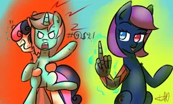 Size: 1024x614 | Tagged: angry, artificial hands, artist:wolfy-pony, bon bon, derpibooru import, hand, lyra heartstrings, middle finger, oc, safe, sweetie drops, vulgar