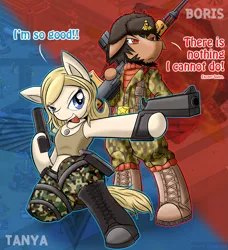 Size: 1823x2000 | Tagged: safe, artist:vavacung, derpibooru import, ponified, pony, semi-anthro, bipedal, boris, clothes, command and conquer, gun, midriff, red alert 2, tanya