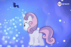 Size: 600x395 | Tagged: safe, derpibooru import, screencap, princess luna, sweetie belle, alicorn, pony, unicorn, for whom the sweetie belle toils, cropped, dream realm, dream walker luna, dreamscape, duo, ethereal mane, female, filly, foal, mare, plot