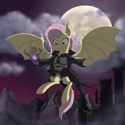 Size: 2500x2500 | Tagged: safe, artist:janji009, derpibooru import, fluttershy, bat pony, pony, semi-anthro, badass, castle, clothes, dark magic, fangs, flutterbadass, flutterbat, flying, magic, magic the gathering, moon, night, parody, race swap, sky, smiling, solo, sorin markov, spread wings, underhoof