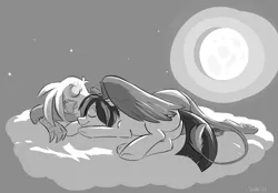 Size: 1400x977 | Tagged: safe, artist:ribnose, derpibooru import, gilda, oc, oc:trance sequence, earth pony, gryphon, pony, cloud, cuddling, grayscale, hug, image, monochrome, moon, night, night sky, png, signature, sky, sleeping, snuggling, stars, winghug