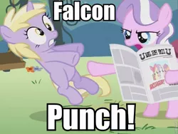 Size: 759x572 | Tagged: bipedal, captain falcon, cropped, derp, derpibooru import, diamond tiara, dinkybuse, dinky hooves, duo, edit, edited screencap, falcon punch, foal free press, image macro, meme, newspaper, ponyville confidential, safe, screencap, super smash bros.