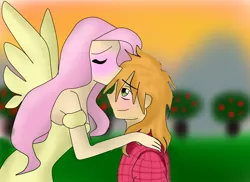 Size: 2338x1700 | Tagged: safe, artist:1231redflame, derpibooru import, big macintosh, fluttershy, human, blushing, female, fluttermac, humanized, kissing, male, shipping, straight, winged humanization