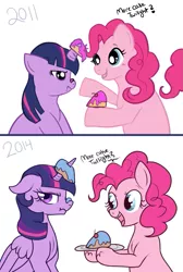 Size: 555x824 | Tagged: safe, artist:lulubell, derpibooru import, pinkie pie, twilight sparkle, twilight sparkle (alicorn), alicorn, pony, art evolution, cake, draw this again, foodplay, redraw, scrunchy face, simple background, twilight is not amused, unamused, white background