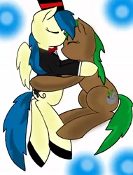 Size: 780x1025 | Tagged: safe, artist:samurott77, derpibooru import, oc, oc:astral blitzen, oc:sage leaf, unofficial characters only, earth pony, pegasus, pony, clothes, eyes closed, female, hat, hug, lesbian, nuzzling, side, top hat, tuxedo