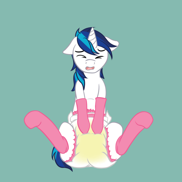 Size: 1024x1024 | Tagged: questionable, artist:steel, derpibooru import, shining armor, clothes, diaper, diaper fetish, embarrassed, femboy, image, male, png, poofy diaper, shining femboy armor, sissy, sitting, socks, solo, solo male, spread legs, urine, wet, wet diaper