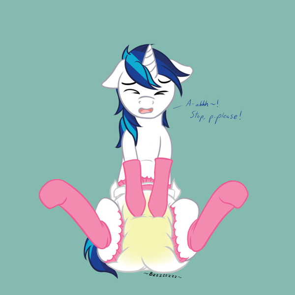 Size: 1024x1024 | Tagged: questionable, artist:steel, derpibooru import, shining armor, caption, clothes, crossdressing, diaper, diaper fetish, embarrassed, femboy, humiliation, image, implied chastity, male, onomatopoeia, pissing, png, poofy diaper, sex toy, shining femboy armor, sissy, sitting, socks, solo, solo male, sound effects, spread legs, story included, urine, vibrator, wet, wet diaper, wetting