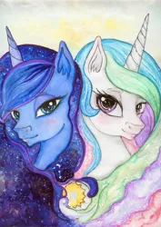 Size: 1024x1448 | Tagged: artist:czbaterka, colorful, derpibooru import, princess celestia, princess luna, safe, sisters, traditional art, watercolor painting