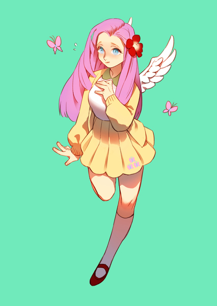 Size: 1000x1410 | Tagged: artist:garaktob, butterfly, clothes, derpibooru import, fluttershy, human, humanized, pixiv, safe, skirt, solo, sweater, sweatershy, winged humanization