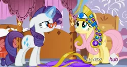 Size: 719x381 | Tagged: safe, derpibooru import, screencap, fluttershy, rarity, for whom the sweetie belle toils, headpiece, hub logo