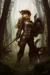 Size: 800x1200 | Tagged: safe, artist:assasinmonkey, derpibooru import, applejack, winona, dog, human, armor, badass, cowboy hat, dark, female, forest, hat, humanized, shield, solo, stetson, sword, tree