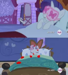 Size: 632x695 | Tagged: 1000 hours in ms paint, bed, blood, edit, edited screencap, for whom the sweetie belle toils, hub logo, implied death, implied murder, ms paint, rarity, revenge, screencap, semi-grimdark, sleeping, sleep mask, solo, sweetie belle, the hub