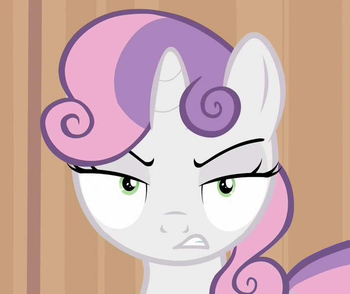 Size: 1250x1050 | Tagged: safe, derpibooru import, screencap, sweetie belle, pony, unicorn, for whom the sweetie belle toils, angry, death stare, faic, female, filly, frown, glare, gritted teeth, hub logo, looking at you, meme origin, solo, sweetie belle is not amused, unamused, wide eyes
