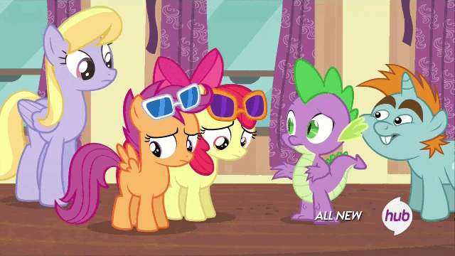 Size: 640x360 | Tagged: animated, apple bloom, cloud kicker, derpibooru import, for whom the sweetie belle toils, hub logo, safe, scootaloo, screencap, snips, spike