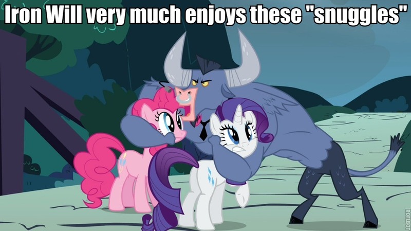 Size: 960x539 | Tagged: safe, derpibooru import, edit, edited screencap, screencap, iron will, pinkie pie, rarity, earth pony, minotaur, pony, unicorn, putting your hoof down, caption, dialogue, female, image macro, imma snuggle you, male, mare, meme, microphone, necktie, nose piercing, nose ring, piercing, trio