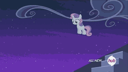 Size: 576x324 | Tagged: all new, animated, derpibooru import, dream sequence, falling, for whom the sweetie belle toils, hubble, hub logo, it keeps happening, marshmallow, rolling, safe, screencap, solo, spin dash, stairs, sweetie belle, sweetie belle is a marshmallow too, text, the hub