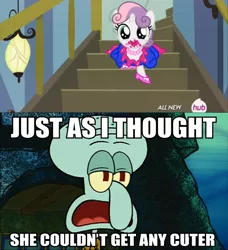 Size: 622x683 | Tagged: 5-year-old sweetie belle, cute, derpibooru import, diasweetes, for whom the sweetie belle toils, happy, idiot box, meme, safe, spongebob squarepants, squidward tentacles, sweetie belle, text