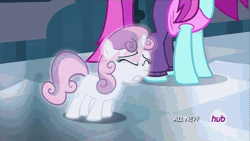 Size: 576x324 | Tagged: all new, animated, dream sequence, for whom the sweetie belle toils, hubble, hub logo, marshmallow, melted, melting, safe, screencap, stuck, sweetie belle, sweetie belle is a marshmallow too, text, the hub